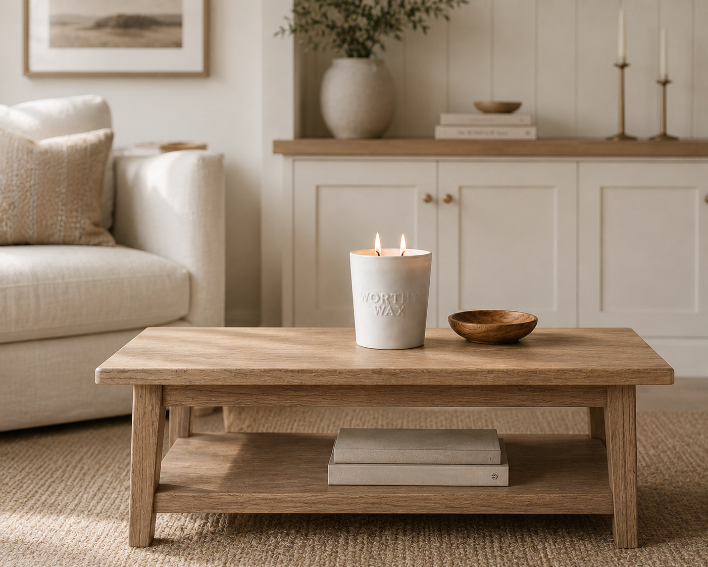 Worthy Wax Signature Ceramic candle in a modern living room