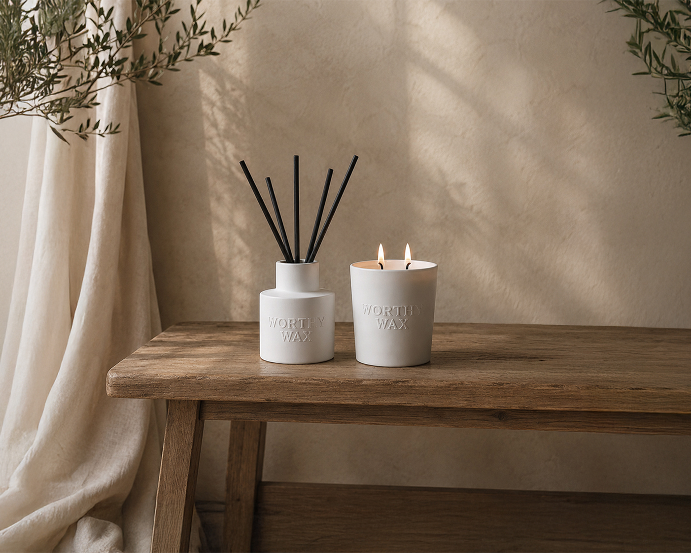 Worthy Wax press flat-lay with ceramic candle, reed diffuser and wax melts