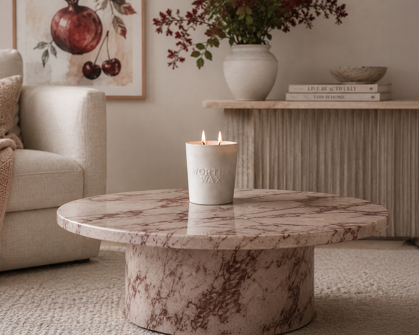 Black Pomegranate and Cherry hand-poured soy candle in a matte ceramic Worthy Wax vessel